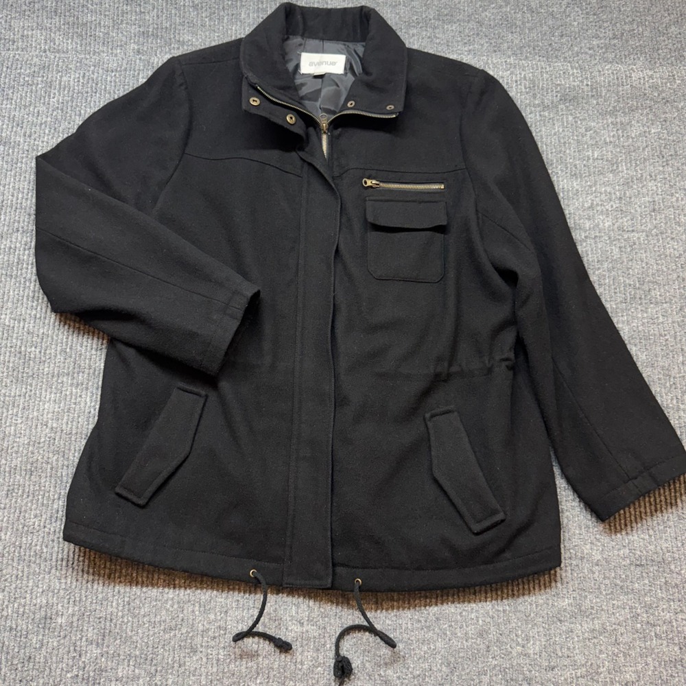 Avenue Utility Jacket Womens 18/20 Black Wool Blend Zip Front Plus Size Coat